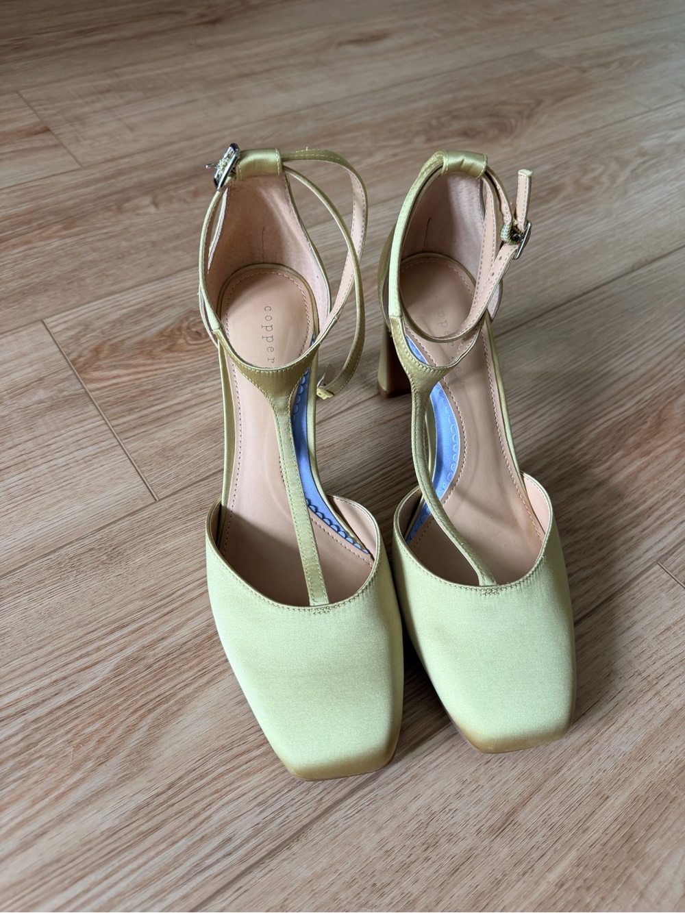 Copper Key Metallic Lime T-Strap Block Heel Pumps